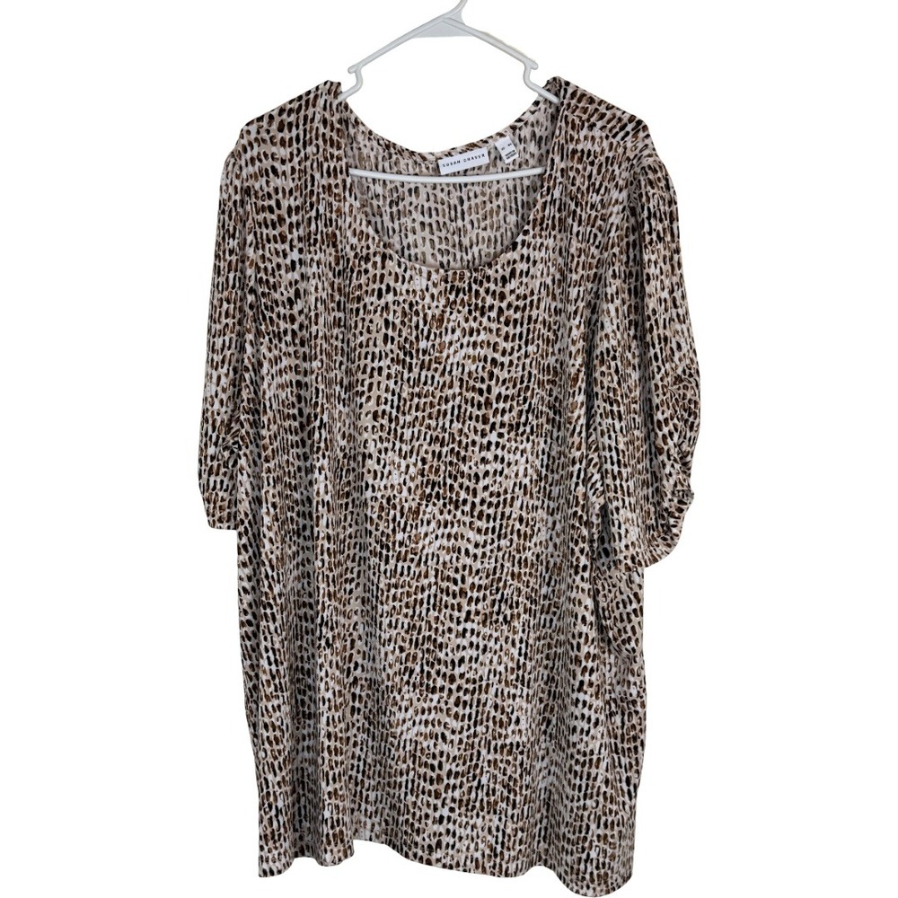 Susan Graver Liquid Knit Top Womens 4X Brown Neutral Spotted Ruched Sleeve